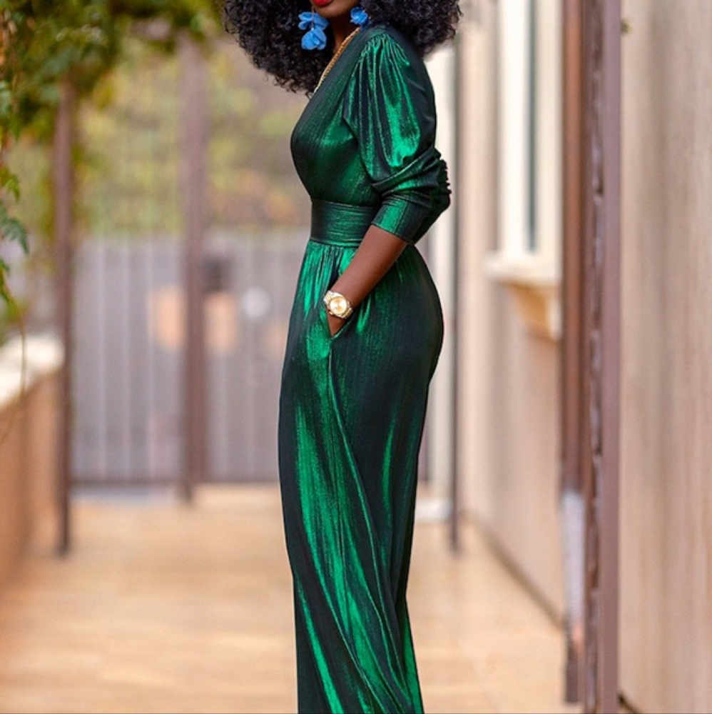 Jumpsuit Deep V-neck Three-Quarter Sleeves High Waist Wide Leg Oe-piece - Picture 4 of 7